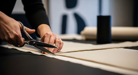Artisan cutting fabric for custom tailoring in a bespoke atelier workshop environment for fashion