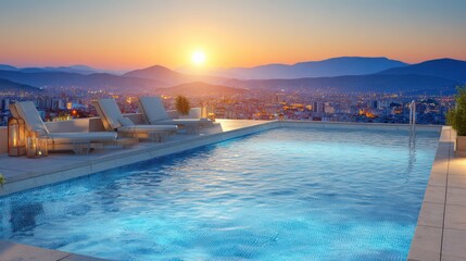 Obraz premium Rooftop pool at sunset overlooking a city with mountains in the distance
