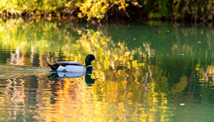 Autumnal duck on a still pond