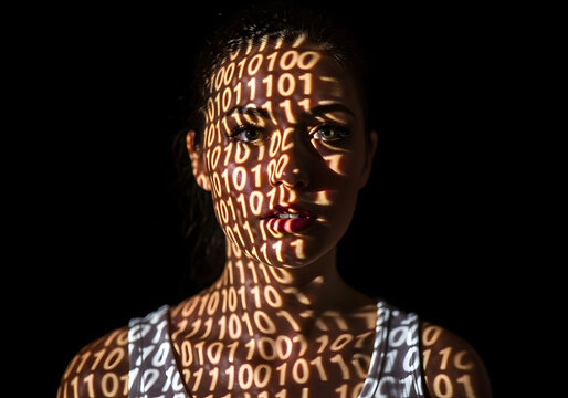 Woman's Face Projected with Binary Code data technology