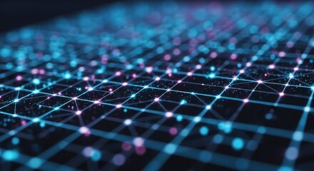 Abstract grid network of blue lines and pink spheres on black background