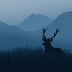 Fototapeta premium Silhouette of a deer in a field at dawn or dusk, surrounded by misty mountains.
