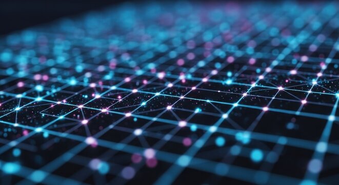 Abstract grid network of blue lines and pink spheres on black background - Powered by Adobe