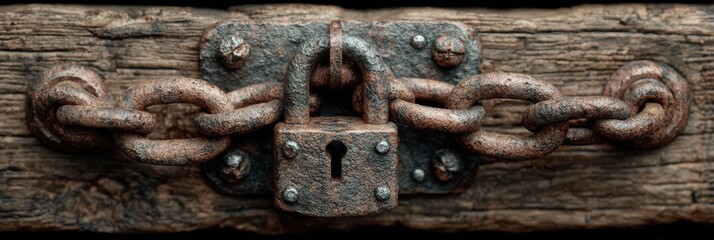 Rusty padlock with chain securing a wooden plank in an old structure