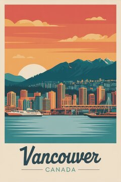 Vintage Travel Poster of Vancouver Canada Skyline  
