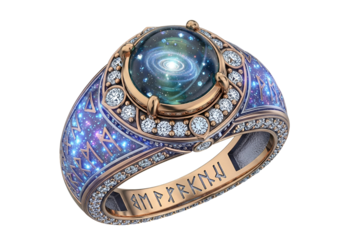 Elegant cosmic-themed gemstone ring with intricate celestial engravings and sparkling diamonds for