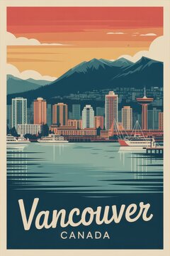 Vintage Travel Poster of Vancouver Canada Skyline  
