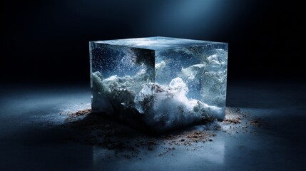Fototapeta premium Melting ice cube in water splash on dark background symbolizing cold temperature freshness and frozen purity