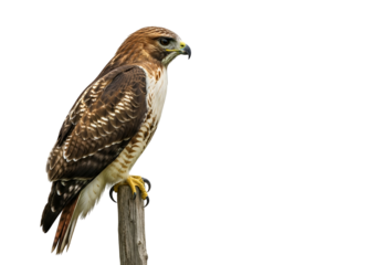 Elegant hawk perched on a wooden stake isolated against a black background capturing natural bird
