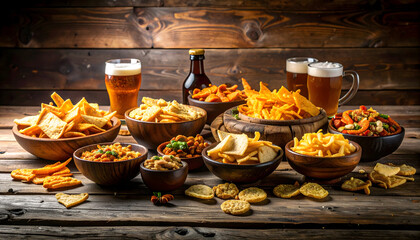 Assortment Of Snacks With Beer In Wooden Bowls And Glasses On Rustic Wooden Table