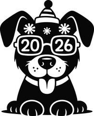 Fototapeta premium Cute Dog Wearing 2026 New Year Glasses silhouette vector