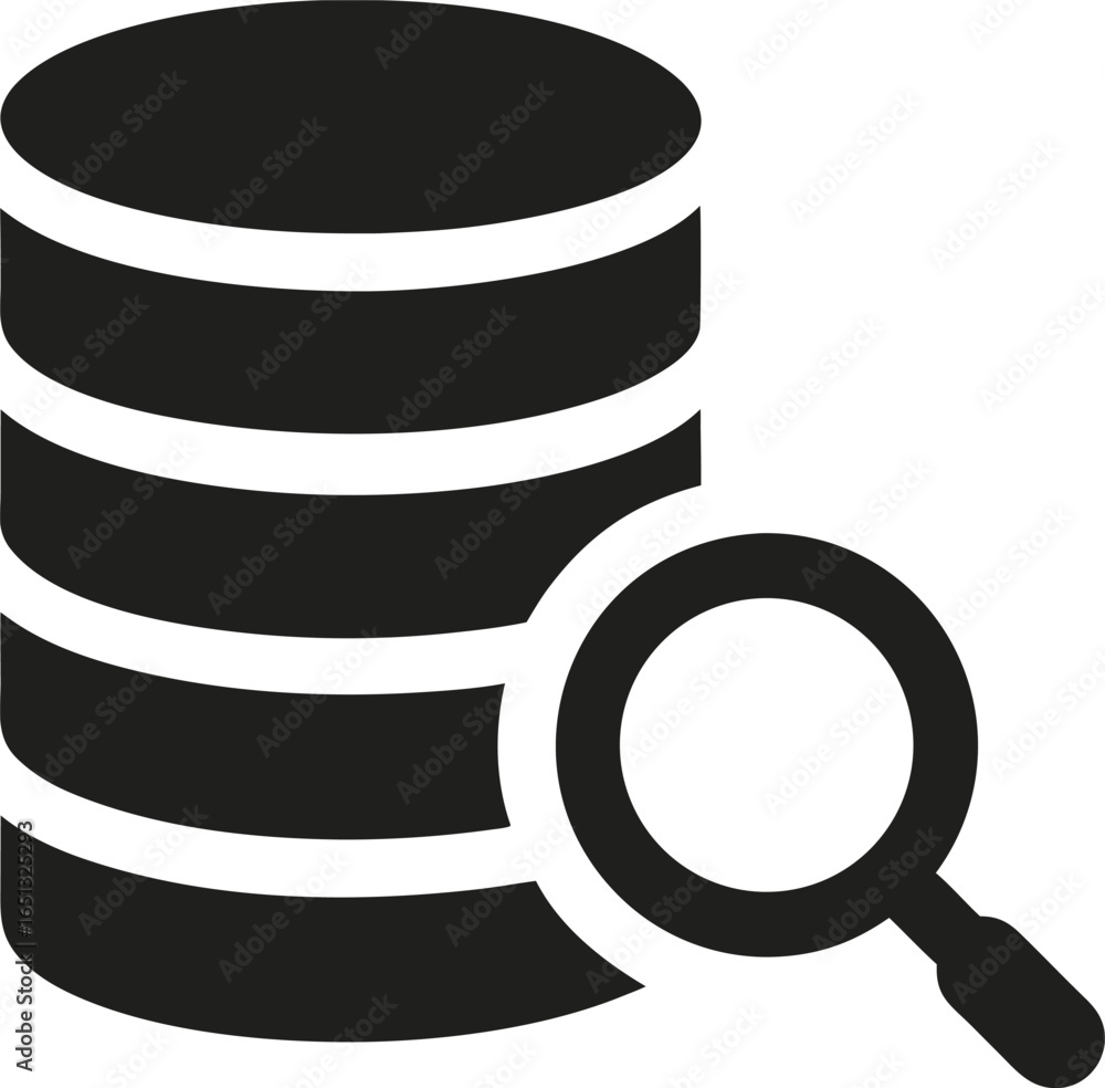 Poster database stack with magnifying glass icon on white background