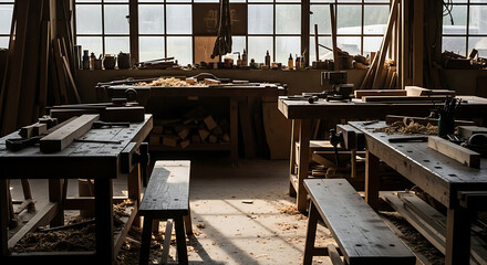 Artisan woodworking shop bathed in morning sunlight with rustic textures and tools