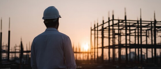 Worker Observing Construction Site at Sunset with Hard Hat