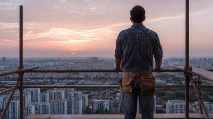 Fototapeta premium Construction Worker Watching Sunset from High Building Scaffold