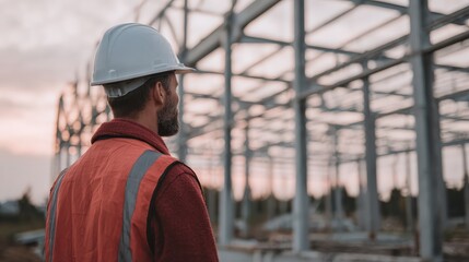 Construction Worker Observing Building Site at Sunrise