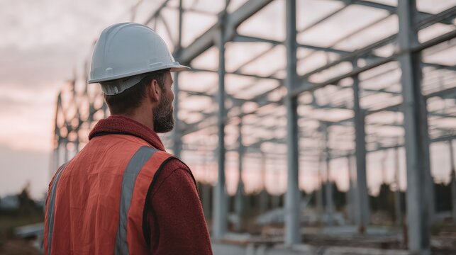 Construction Worker Observing Building Site at Sunrise