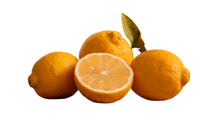 A group of fresh lemons, including a cut half, isolated on transparent background, showcasing their vibrant color