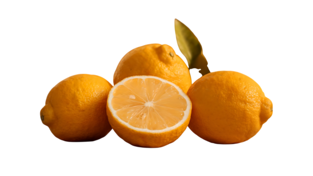 A group of fresh lemons, including a cut half, isolated on transparent background, showcasing their vibrant color