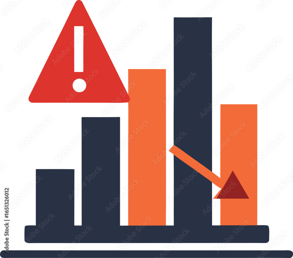 Poster bar chart showing decline with warning sign and down arrow