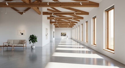 Spacious gallery interior featuring architectural wooden beams and natural light accents the