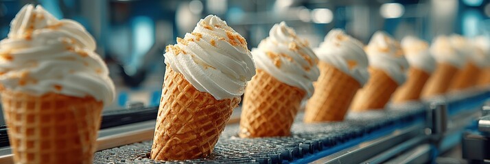 Production line of ice cream cones filled with creamy whipped topping in a factory setting during daytime