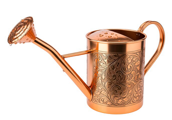 Elegant rose gold watering can with intricate embossed floral patterns on black background