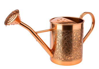 Elegant rose gold watering can with intricate embossed floral patterns on black background