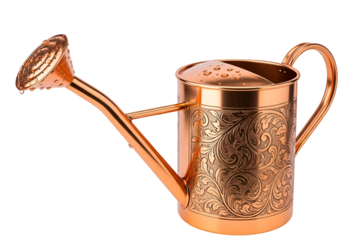 Elegant rose gold watering can with intricate embossed floral patterns on black background