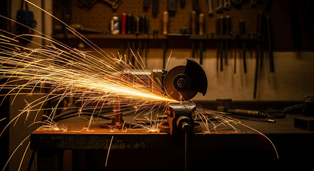 Captivating spectacle of intense sparks illuminate a darkened workshop environment during a