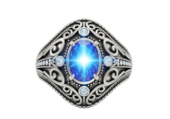 Elegant silver ring featuring a striking blue gemstone surrounded by intricate filigree design and