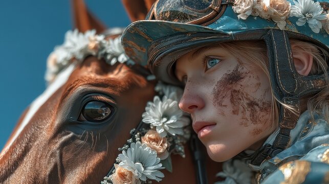 Rider and horse share a moment after a challenging race at a sunny outdoor equestrian event