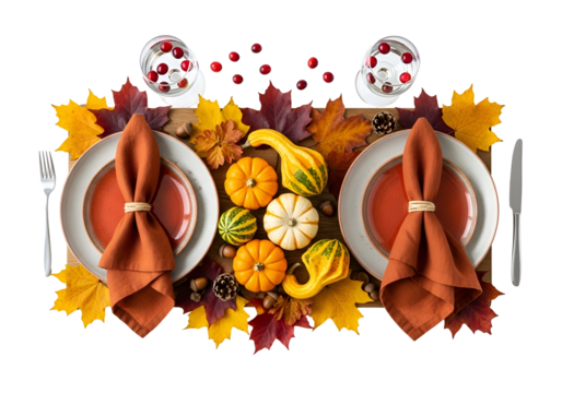 Elegant Thanksgiving Table Setting with Autumn Leaves and Fall Gourds for Celebration