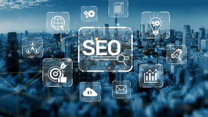SEO concept for improving SEO visibility, with SEO related digital tools and SEO performance icons...