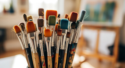 Collection of paintbrushes standing on end next to an easel in an artist's bright studio