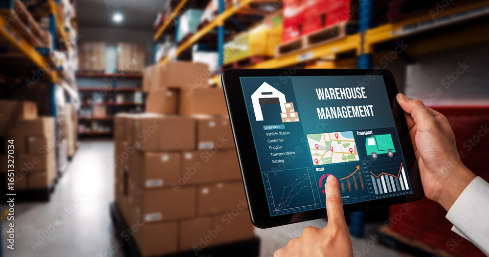 Poster warehouse management innovative software in computer for real time monitoring of goods package deliv