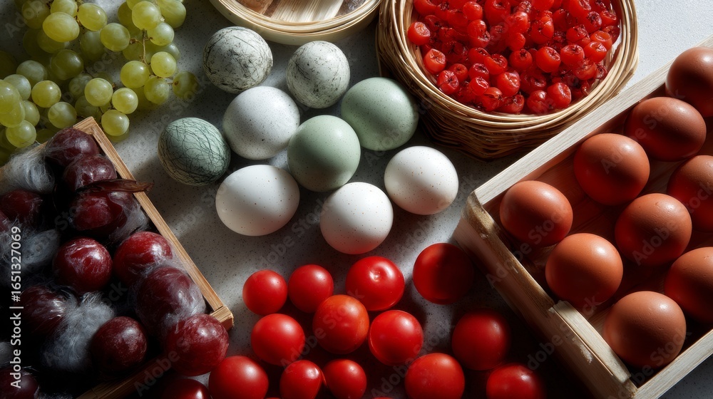 Poster assorted fresh fruits including tomatoes grapes and eggs displayed in market crates with colorful he