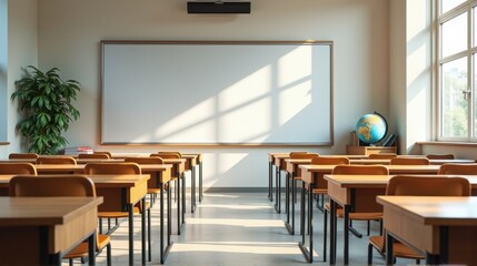 Fototapeta premium Modern empty classroom with wooden desks and ergonomic chairs in bright urban school