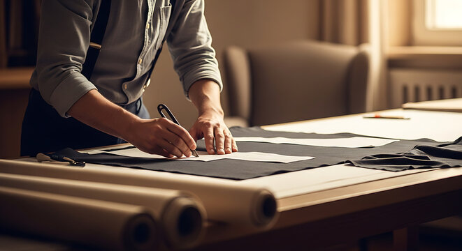 Crafting elegance: Tailor meticulously tracing pattern on fabric in bright studio space