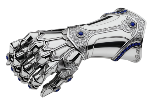 Exquisite intricately designed robotic hand adorned with blue gemstones showcasing advanced