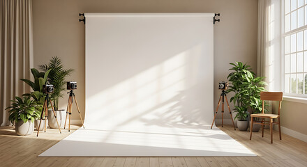 Bright photography studio space with vintage cameras, greenery, and natural window light for