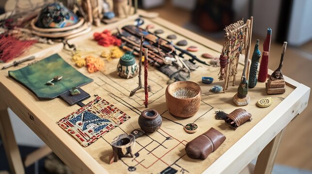 A collection of handcrafted items displayed on a table with a grid pattern background surface view