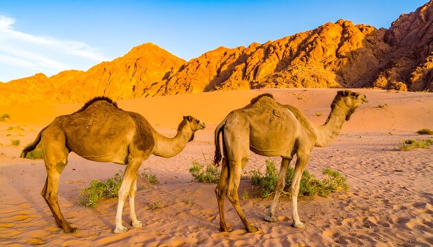 Two camels in a desert at sunrise