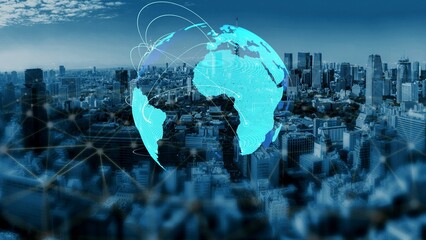 Global network connection visualization showing data exchange, digital link, worldwide...