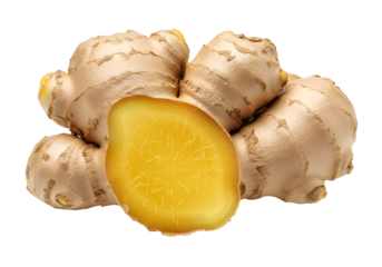 Fresh Ginger Root with Sliced Cross Section Displayed Against Black Background