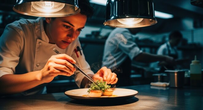 Chef precisely plating delicate dish under bright kitchen lights