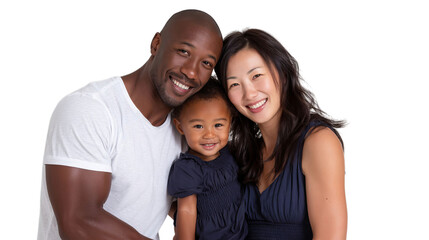A joyful interracial family portrait featuring a smiling Black father, Asian mother, and their adorable daughter.