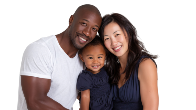 A joyful interracial family portrait featuring a smiling Black father, Asian mother, and their adorable daughter. - Powered by Adobe