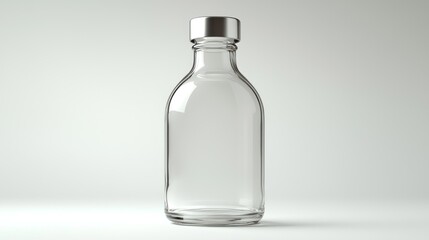 Clear glass bottle with silver cap stands on a white surface against a white background