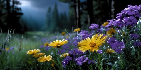 Colorful wildflowers bloom in a serene forest meadow during twilight in a peaceful natural setting